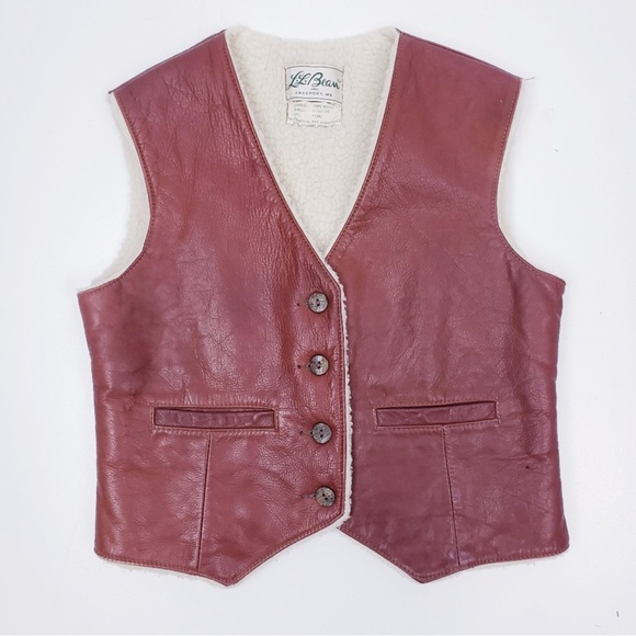 Vintage L.L. Bean Leather Sherpa Vest Cognac Brown Unisex Size M-L - Picture 2 of 8